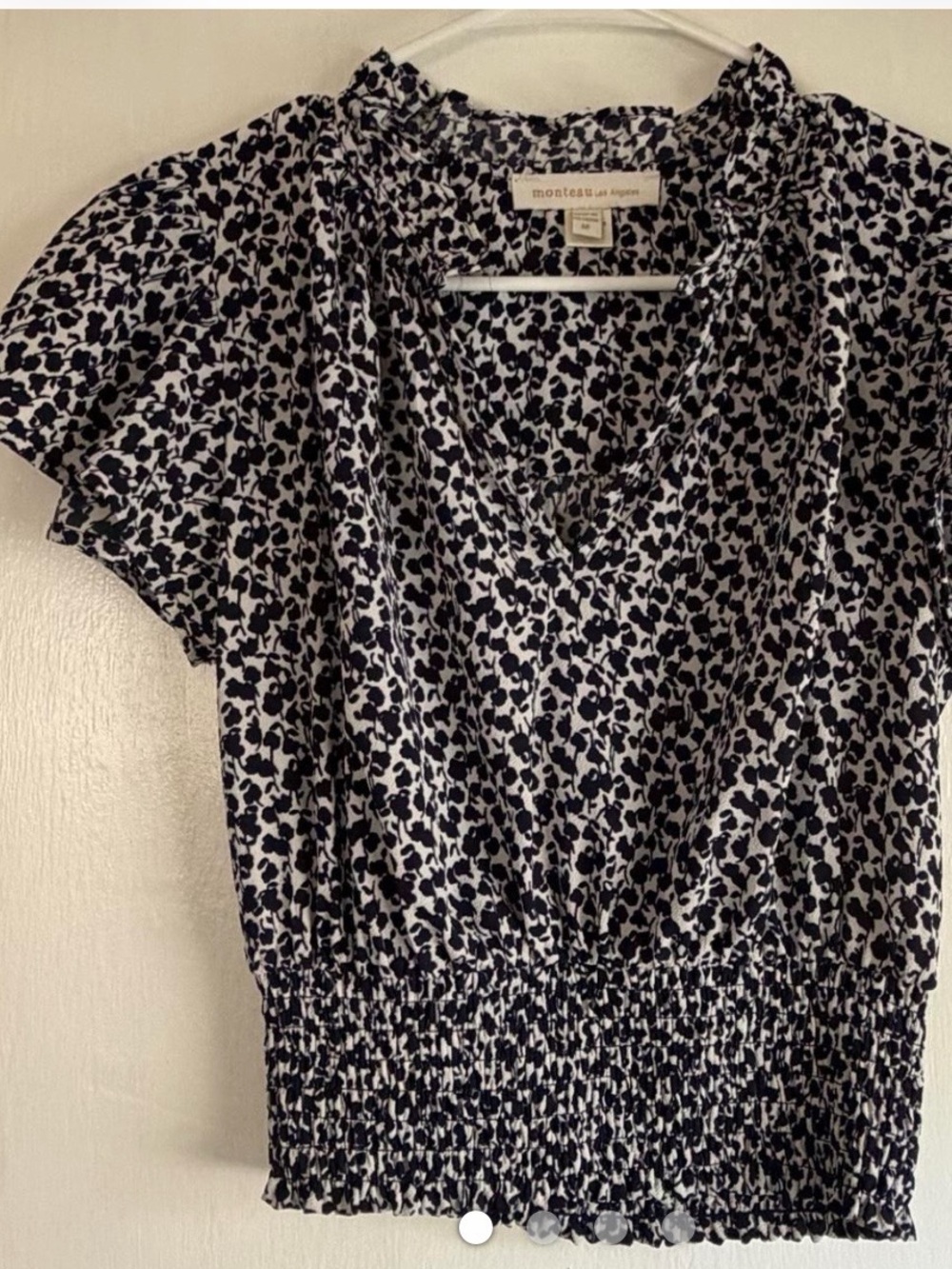 Monteau Black/White Smocked Waist V-Neck Top - Fits very small like XXS or XS